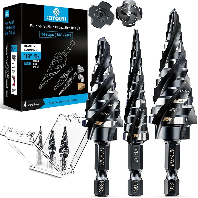 BOYOUYS مجموعة مثقاب خطوة بأربعة شفرات لولبية M35 1/8"-7/8" (3 قطع)، مثقاب خطوة بمقبض سداسي 1/4"، مثقاب خطوة من الكوبالت M35 مقاوم للصدمات، للصلب المقاوم للصدأ، الخشب، الألمنيوم، البلاستيك - Image 1